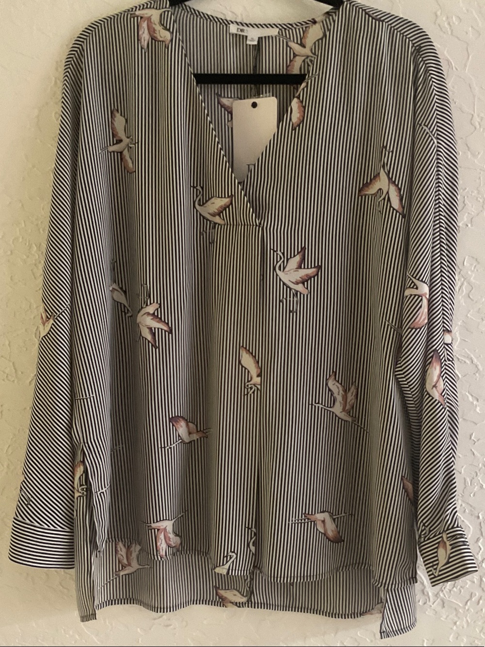 DR2 Black & White Striped Blouse with Pink Bird Print